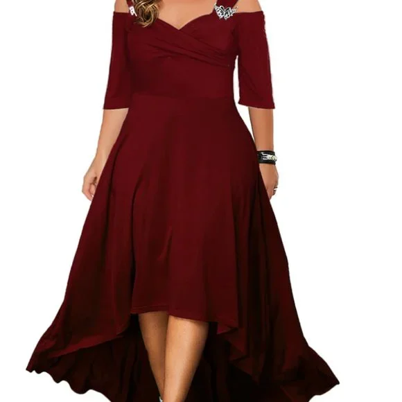 Plus Size Curve Party/Swing Formal Dress Solid Color Midi Dress 4XL WINE